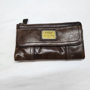 New Fossil Emory clutch Wallet brown leather  b46